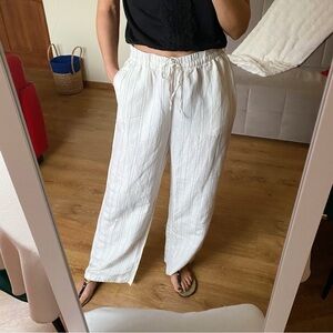 H&M Women's Off White Black Striped High Waist Wide Leg Linen Blend Pants 🐚